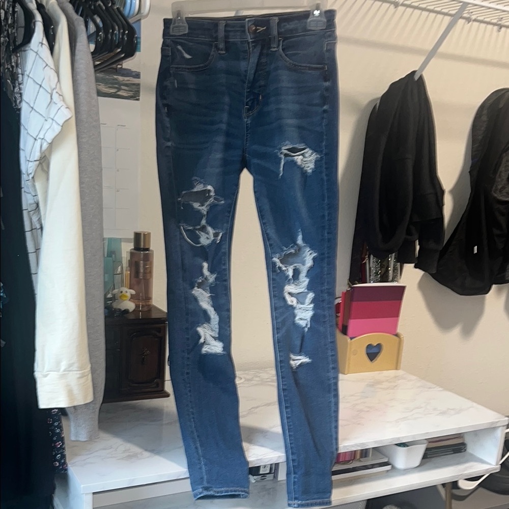 American Eagle Outfitters Blue Skinny Jeans with Distressed Details